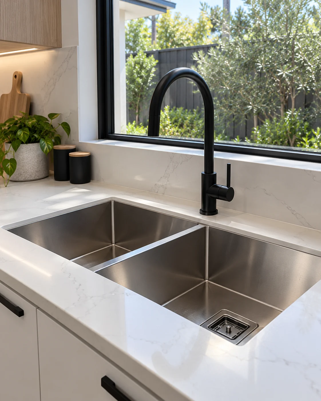 Kitchen sink with mixer tap and stone benchtop.
