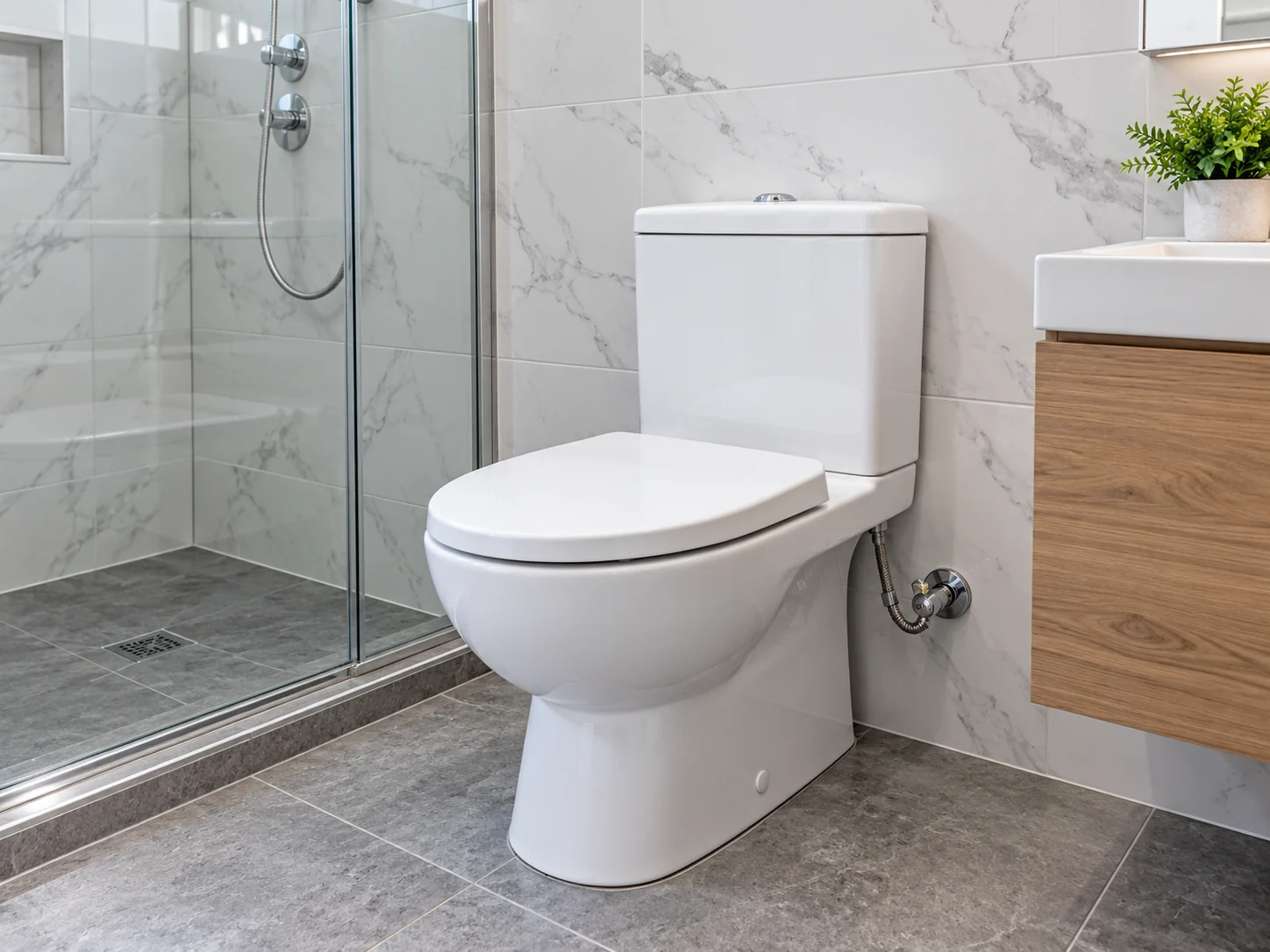 Bathroom with toilet and glass-enclosed shower.