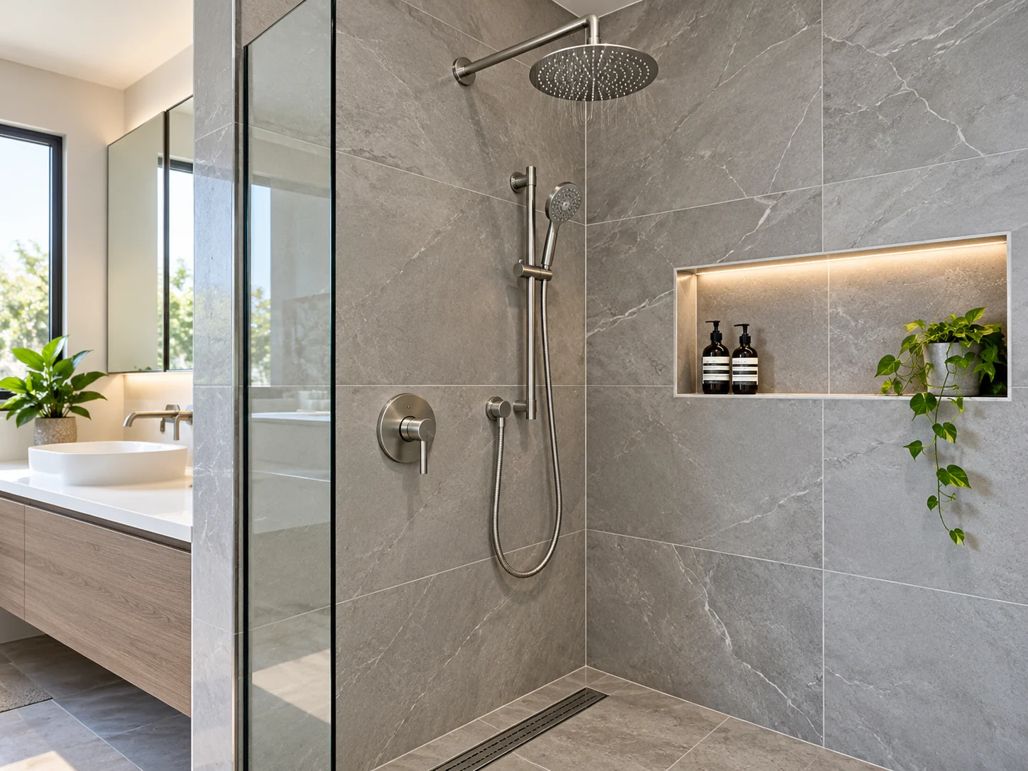 Walk-in shower with glass screen and rainfall shower fittings.